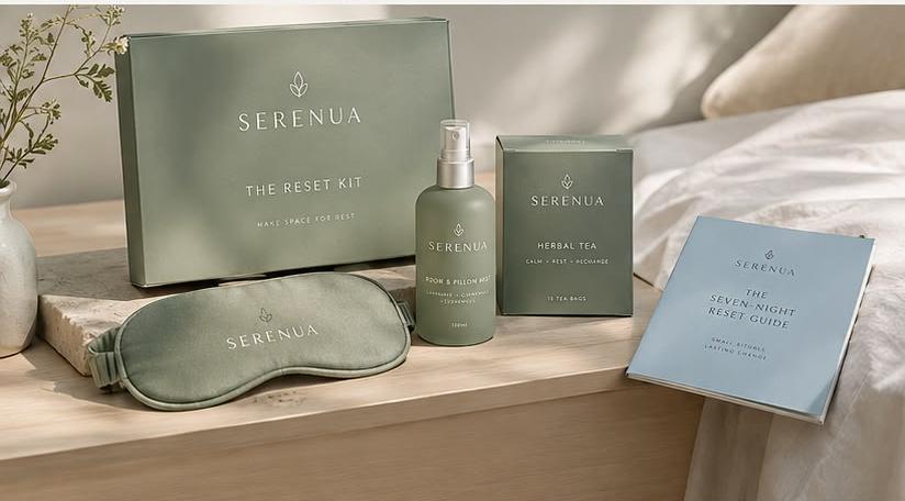 The Serenua Reset Kit with sage green packaging, herbal tea, sleep mask, mist and soft blue guide